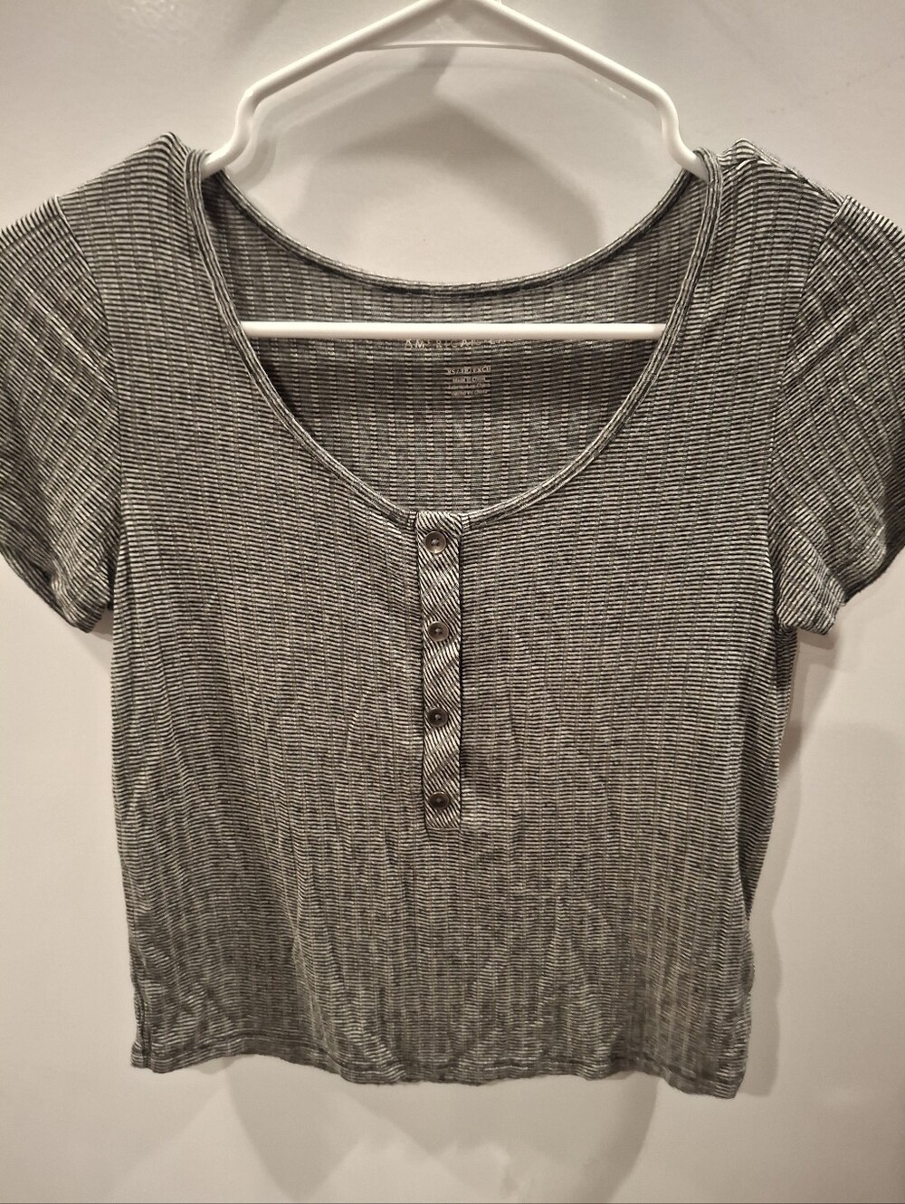 American Eagle Outfitters Gray Striped Short-Sleeve Henley